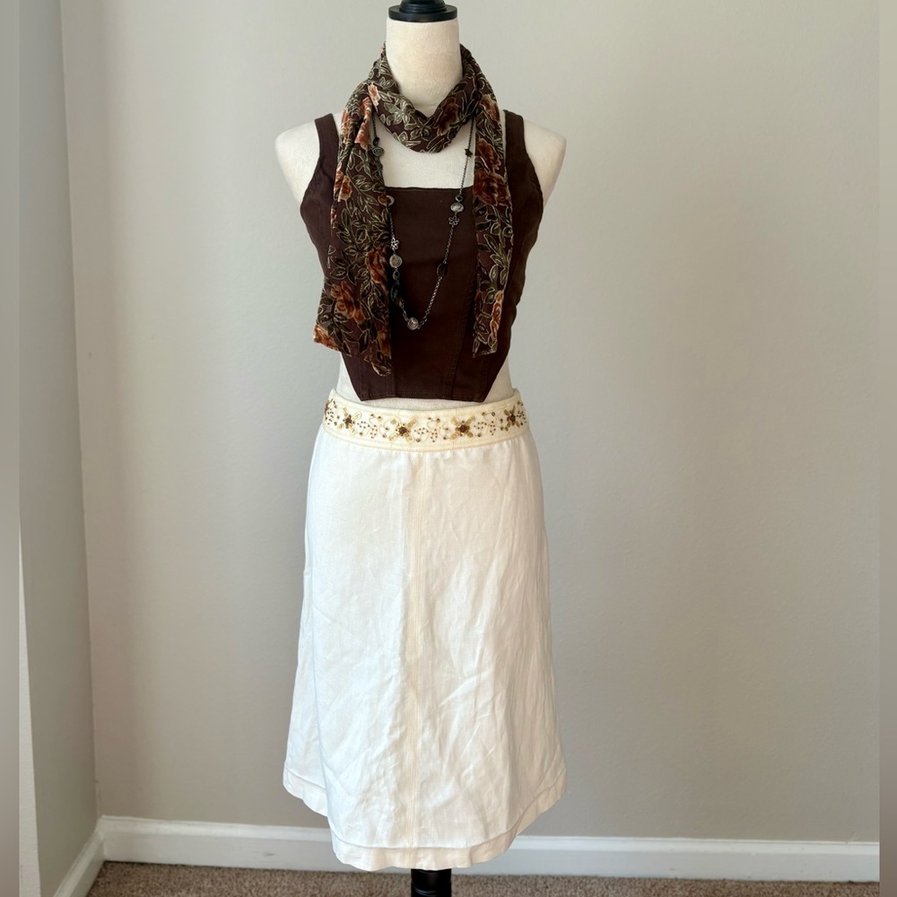 Ruth LeCover California Embroidered Linen Midi Skirt – Ivory Boho (Size 4, NWT)